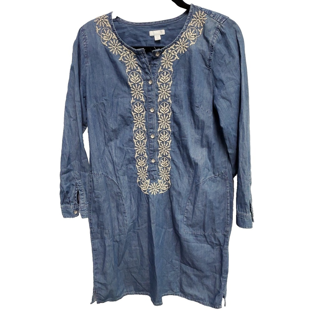 J.Jill Chambray Denim Button Embroidery‎ Front Long Sleeve Pocket Dress S Petite
